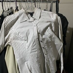 White House Black Market White and Gray Striped Button-Front Blouse